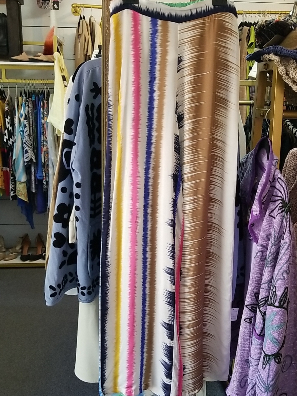 Silky Multicolor Stripe Palazzo Pants - Pink, Blue, Gold